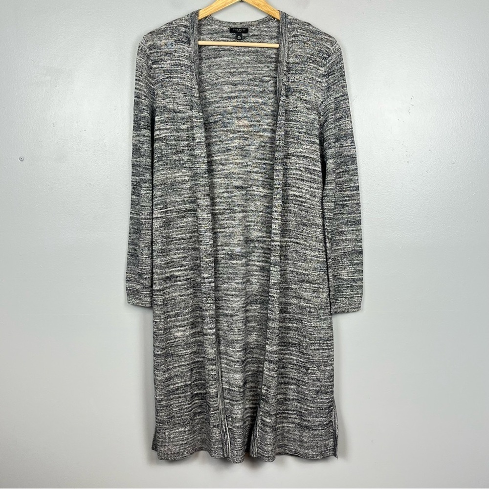 Talbots black gray space dye duster length open front cotton blend cardigan, MP.